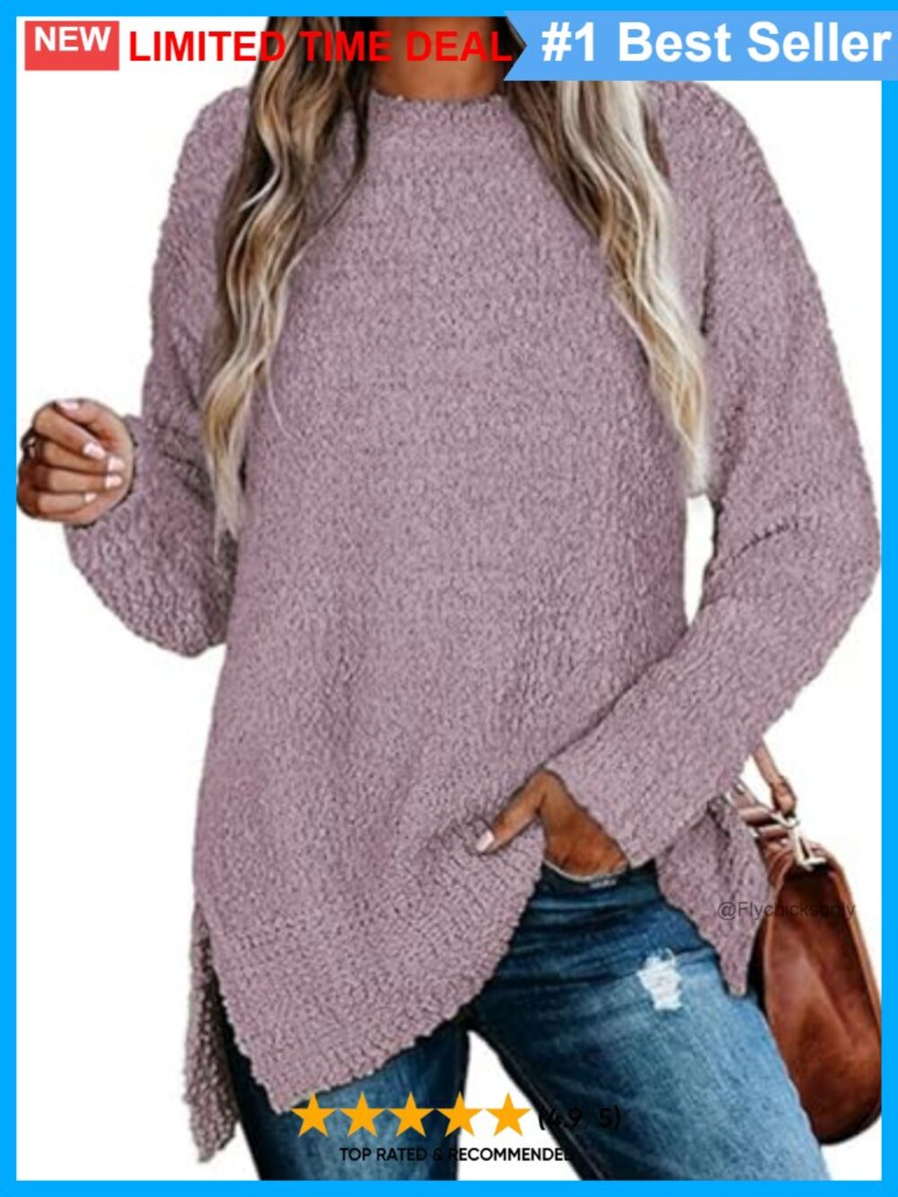 Women's Fuzzy Knitted Long Sleeve Tunic Sweater Crew Neck Pullover